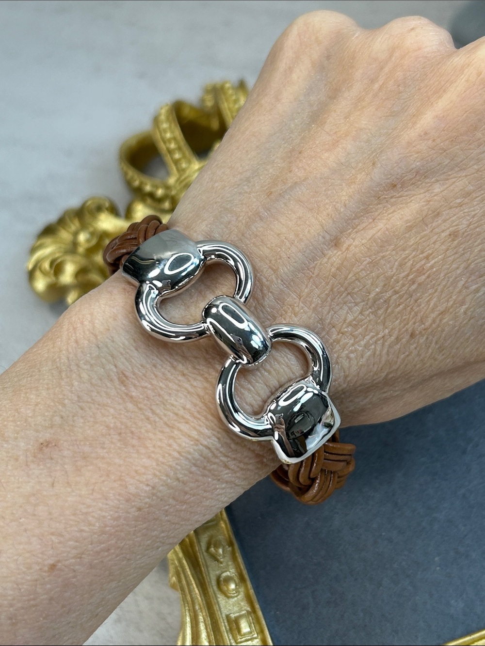 Bronze Milor Brown Braided Leather Horse Bit Bracelet with Polished Silver Link